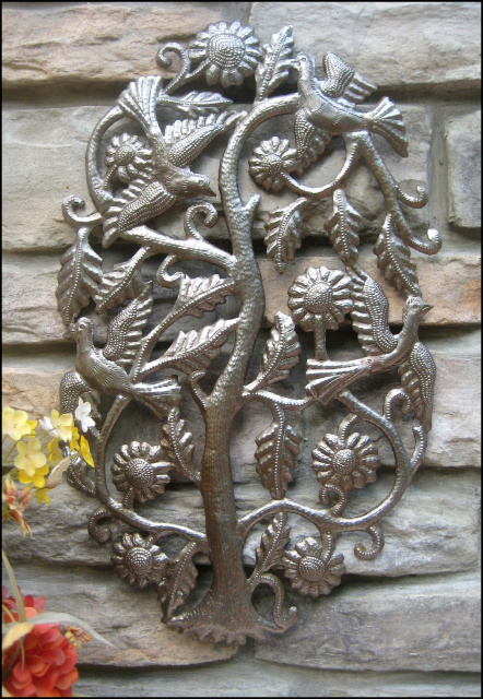 Haitian Metal Wall Hanging, Metal Tree & Birds, Garden Decor,